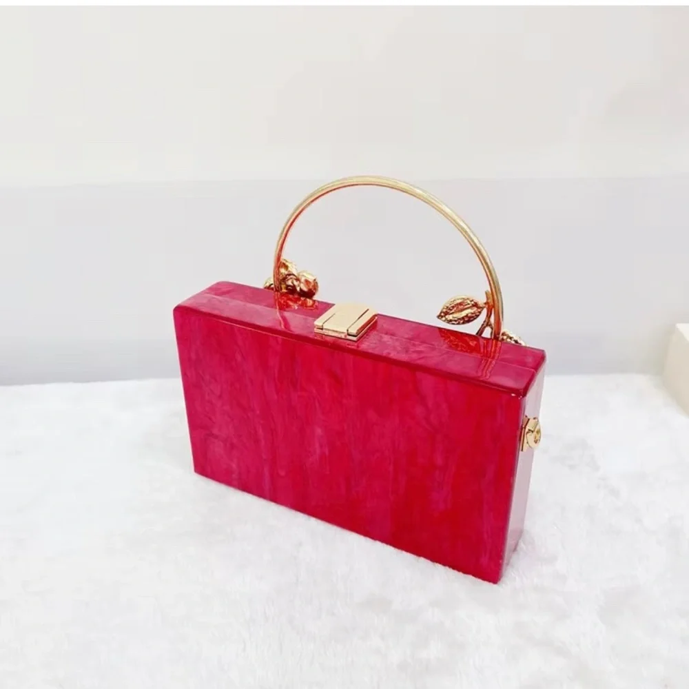 #B008 Red Acrylic Bold Elegance Marble Rhinestones Gold Floral Handle Clutch